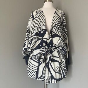 Farm Rio Seashell Striped Star Kimono Beach Belted White Blue Duster Cover Up S